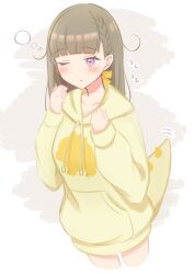  1girl absurdres bow braid brown_hair center-flap_bangs collarbone commentary_request cowboy_shot cropped_legs dinosaur_tail fake_tail grey_background hair_bow highres hood hood_down hoodie iroha_(nami3) kachimachi_kosuzu kachimachi_kosuzu_(sega_lucky_lottery_sleepwear) link!_like!_love_live! long_hair long_sleeves loose_hair_strand love_live! official_alternate_costume side_braids simple_background sleepy solo squeans standing tail virtual_youtuber yellow_bow yellow_hoodie 