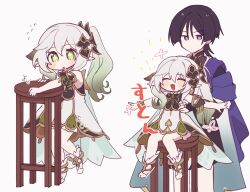  1boy 1girl anklet aomattya aqua_sleeves armlet armpit_carry black_bodysuit black_bridal_gauntlets black_hair bloomers blunt_ends blush_stickers bodysuit bracelet bridal_gauntlets bright_pupils cape carrying carrying_person climbing closed_eyes closed_mouth colored_tips cross-shaped_pupils detached_sleeves dress eyelashes facing_viewer flying_sweatdrops furisode genshin_impact gold gold_ring gold_trim gradient_hair gradient_sleeves green_cape green_eyes green_hair green_pupils green_sleeves hair_between_eyes hair_ornament happy heart heart_hair_ornament height_difference hiding hiding_behind_another highres japanese_clothes jewelry kimono leaf leaf_hair_ornament long_hair looking_at_viewer mandarin_collar middle_ring multicolored_hair nahida_(genshin_impact) open_mouth outstretched_arms pointy_ears purple_cape scaramouche_(genshin_impact) short_sleeves side_ponytail sidelocks sitting socks spread_arms stool symbol-shaped_pupils tareme toeless_socks violet_eyes wanderer_(genshin_impact) white_background white_bloomers white_dress white_hair white_pupils white_sleeves white_socks wispy_bangs 