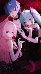 1boy 2girls \||/ absurdres acute_(vocaloid) backlighting bare_arms bare_shoulders black_background black_choker black_dress black_shirt blue_eyes blue_hair blue_nails bow choker chromatic_aberration closed_mouth collarbone commentary_request crossed_bangs double-parted_bangs dress film_grain flower frilled_dress frilled_sleeves frills guilty_(module) hair_between_eyes hair_bow hair_intakes hand_on_another's_chest hand_on_own_cheek hand_on_own_face hatsune_miku highres holding holding_flower jewelry kaito kaito_(vocaloid) long_hair long_sleeves looking_at_viewer megurine_luka multiple_girls nail_polish off-shoulder_dress off_shoulder parted_lips pink_hair project_diva_(series) puffy_long_sleeves puffy_sleeves purple_bow purple_nails red_flower red_petals red_rose ring rose shirohanamame_(shiroha_nmm) shirt short_hair simple_background sitting sparkle twintails upper_body v-neck very_long_hair vocaloid