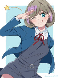  1girl ;q akane_(akaneoekaki0928) arm_behind_back arm_up blue_background blue_eyes blue_jacket border commentary_request cowboy_shot dress flipped_hair grey_dress grey_hair highres jacket long_sleeves looking_at_viewer love_live! love_live!_superstar!! neck_ribbon one_eye_closed open_clothes open_jacket outside_border pinafore_dress pleated_dress red_ribbon ribbon salute school_uniform short_dress short_hair simple_background sleeveless sleeveless_dress solo star_(symbol) tang_keke tongue tongue_out twitter_username white_border winter_uniform yuigaoka_school_uniform 