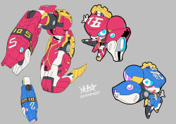  2girls arm_cannon blue_eyes chibi commentary_request hair_bun highres multiple_girls non-humanoid_robot open_mouth original robot robot_animal robot_snake ryuusei_(mark_ii) signature single_side_bun smile twitter_username weapon 