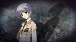  1girl artist_request blazer blue_hair brown_jacket chaos;head check_artist collared_shirt dress_shirt from_above game_cg highres jacket kishimoto_ayase lapels looking_at_viewer necktie notched_lapels official_art open_mouth plaid_clothes plaid_necktie red_trim sasaki_mutsumi school_emblem school_uniform science_adventure shadow shirt short_hair solo suimei_academy_school_uniform white_shirt 