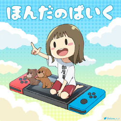  1girl actor akane_(akaneoekaki0928) animification barefoot blue_sky blunt_bangs blush_stickers brown_hair cat clouds commentary_request dog finger_gun gradient_sky green_sky highres honda_tsubasa nintendo_switch real_life red_shorts round_teeth shirt short_hair short_sleeves shorts sky solo t-shirt teeth upper_teeth_only white_shirt 