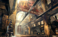  ben_lo bioshock_(series) bioshock_infinite blurry blurry_background cable concept_art cross depth_of_field english_text factory hanging_sign indoors machinery no_humans painterly perspective pillar production_line scenery 