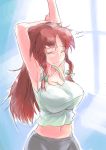  alternate_costume armpits arms_up bow braid breasts camisole cleavage closed_eyes eyes_closed hair_bow hong_meiling large_breasts long_hair messy_hair midriff mound_of_venus navel no_hat no_headwear red_hair redhead sinzan solo stretch taut_shirt touhou twin_braids 