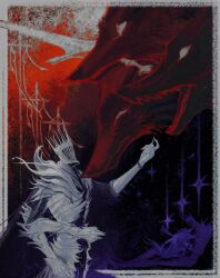  1boy animal armor black_background black_cape cape cerberus covered_face cowboy_shot cruentum_noctis dog elden_ring elden_ring_nightreign extra_arms full_body gauntlets gladius_(elden_ring) helmet heolstor_the_nightlord highres mouth_hold open_mouth pauldrons red_background shoulder_armor sitting size_difference smile spiked_helmet standing sword two-tone_background weapon weapon_in_mouth 