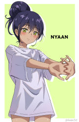  1girl akane_(akaneoekaki0928) black_hair blush character_name closed_mouth commentary cowboy_shot frown green_eyes gundam gundam_gquuuuuux hair_bun highres long_shirt looking_at_viewer nyaan_(gundam_gquuuuuux) outstretched_arms shirt short_hair sidelocks single_hair_bun solo stretching t-shirt three-quarter_sleeves white_shirt 