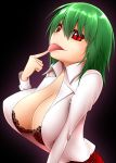  bra breasts brown_bra finger_to_mouth green_hair highres kazami_yuuka lace-trimmed_bra large_breasts lingerie mattari_yufi open_clothes open_shirt red_eyes short_hair skirt slit_pupils solo tongue tongue_out touhou underwear youkai 