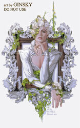  1boy absurdres alternate_costume alternate_hair_color artist_name chinese_commentary commentary_request elbow_rest flower ginsky2000 giorno_giovanna grey_eyes hair_flower hair_ornament hand_to_own_mouth highres jacket jojo_no_kimyou_na_bouken looking_at_viewer male_focus parted_lips picture_frame short_hair simple_background solo through_medium through_painting vento_aureo watermark white_background white_flower white_jacket 