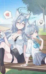  2girls absurdres animal_ears blue_archive blue_eyes day grey_hair heart heterochromia highres holding long_hair looking_at_viewer may.l multiple_girls outdoors school_uniform shiroko_(blue_archive) shiroko_terror_(blue_archive) sitting skirt tree wolf_ears 