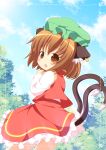  animal_ears arm_up blue_sky blush brown_eyes brown_hair cat_ears cat_tail chen ear_piercing fang hat highres multiple_tails open_mouth piercing pila-pela shirt skirt skirt_set sky solo tail touhou vest 