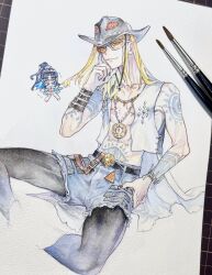  1boy 1girl absurdres belt black_hat black_leggings blonde_hair bracelet chibi chibi_inset cowboy_hat denim denim_shorts fate/grand_order fate_(series) hat highres jewelry leggings long_hair looking_at_viewer medallion necklace open_clothes open_vest orange-tinted_eyewear painting_(medium) photo_(medium) shigure0528 shorts smile solo sunglasses tattoo tenochtitlan_(fate) tenochtitlan_(swimsuit_mooncancer)_(first_ascension)_(fate) tezcatlipoca_(fate) tezcatlipoca_(wild_gunman)_(fate) tinted_eyewear traditional_media vest watercolor_(medium) white_vest 