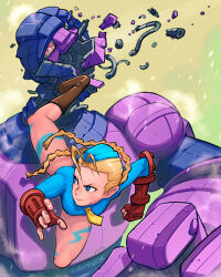  1girl 1other absurdres ahoge antenna_hair armor battle beret blonde_hair blue_eyes blue_leotard bodypaint bolt_(hardware) boots braid breasts broken cammy_white camouflage clenched_hand combat_boots fighting fingerless_gloves flying_kick garrison_cap gloves hat highleg highleg_leotard highres huge_ahoge kicking leotard lightning_bolt_symbol long_hair marvel marvel_vs._capcom mecha medium_breasts necktie one-eyed punching quasimodox red_eyes red_gloves ribbed_leotard robot scar scar_on_cheek scar_on_face sentinel_(x-men) smile street_fighter street_fighter_zero_(series) thighs thong_leotard twin_braids x-men yellow_necktie 
