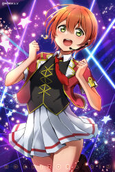  1girl :d absurdres akane_(akaneoekaki0928) black_vest blush bokura_no_live_kimi_to_no_life character_name clenched_hands commentary crescent crescent_earrings earrings green_eyes headset highres hoshizora_rin jacket jewelry looking_at_viewer love_live! love_live!_school_idol_project miniskirt necktie official_alternate_costume open_clothes open_jacket open_mouth orange_hair pleated_skirt purple_background red_jacket red_necktie shirt short-sleeved_jacket short_hair short_sleeves single_earring skirt smile solo star_(symbol) vest white_shirt white_skirt 