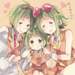  2girls age_difference bad_id genderswap goggles goggles_on_head green_eyes green_hair gumi gumiya multiple_girls non_(hey_you!) ousaka_nozomi pout short_hair smile time_paradox vocaloid 