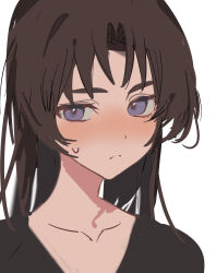  1boy ayase_ayato_(imamiya_pinoko) blush brown_hair collarbone highres imamiya_pinoko long_hair original ponytail portrait solo sweatdrop thick_eyebrows v-neck violet_eyes white_background 