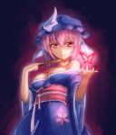  bare_shoulders breasts butterfly cherry_blossoms cleavage closed_fan fan folding_fan hat japanese_clothes kimono obi off_shoulder petals pink_hair red_eyes saigyouji_yuyuko short_hair smile solo touhou triangular_headpiece yuki_shizuku 