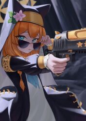  1girl absurdres adjusting_eyewear animal_ears black_jacket black_veil blue_archive blue_eyes blue_neckerchief desert_eagle dress gun halo handgun highres holding holding_gun holding_weapon jacket long_hair looking_at_viewer mari_(blue_archive) mouth_hold neckerchief orange_hair sidelocks solo stalk_in_mouth sunglasses ubeuna veil weapon white_dress yellow_halo 
