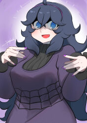  1girl @_@ ahoge artist_name bags_under_eyes breasts crossed_bangs dress hair_between_eyes hairband hex_maniac_(pokemon) highres john_(a2556349) long_dress long_hair long_sleeves looking_at_viewer messy_hair open_mouth pokemon pokemon_xy purple_background purple_dress purple_hairband purple_nails solo turtleneck turtleneck_dress very_long_hair 