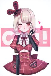  1girl 25cpnk back_bow ben-day_dots black_bow black_gloves black_sleeve_cuffs blowing_kiss blunt_bangs blush bob_cut bow bowtie buttons center_frills clothing_cutout collar colored_inner_hair cropped_torso dress elbow_gloves fingerless_gloves frilled_dress frills glove_cutout gloves grey_hair hand_up hat hat_bow heart heart_button heart_cutout heart_o-ring highres idol_clothes layered_dress looking_at_viewer makaino_ririmu medium_hair mini_hat multicolored_hair nijisanji o-ring official_alternate_costume official_alternate_hairstyle one_eye_closed parted_lips pink_hair plaid_clothes plaid_dress plaid_sleeves puffy_short_sleeves puffy_sleeves rabbit_ear_headwear red_bow red_bowtie red_dress red_eyes red_sleeves screentones short_dress short_sleeves shoulder_strap simple_background solo streaked_hair underboob_cutout virtual_youtuber white_background white_collar 