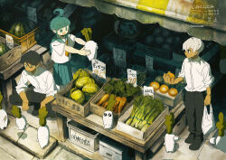  1girl 2boys ahoge ahoge_girl_(jimini_shijimi) aqua_eyes aqua_hair aqua_sailor_collar aqua_skirt arm_at_side awning bag black_pants cabbage carrot collared_shirt commentary_request creature dark-skinned_male dark_skin food fruit hair_between_eyes hand_up hands_up highres holding holding_bag holding_creature holding_food holding_fruit jimini_shijimi jump_rope lettuce long_bangs long_sleeves looking_at_another looking_at_creature looking_to_the_side market multiple_boys neckerchief no_pupils open_mouth orange_(fruit) orange_neckerchief original outdoors outstretched_arms pants pleated_skirt price sailor_collar school_uniform shadow shirt shirt_tucked_in short_hair short_sleeves sidelocks sign skirt slice_of_life squatting standing sunglasses sunlight turning_head vegetable very_short_hair watermark watermelon white-haired_man_(jimini_shijimi) wing_collar 