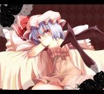  bat_wings bed black_rose blue_hair flower hat hat_ribbon highres letterboxed nightgown off_shoulder pillow red_eyes remilia_scarlet ribbon rose short_hair sitting solo take_tonbo touhou turning wariza wings 