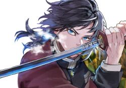  1boy black_hair black_jacket blue_eyes buttons covered_mouth demon_slayer_uniform gold_buttons hands_up haori hata3993 highres holding holding_sword holding_weapon jacket japanese_clothes katana kikkoumon kimetsu_no_yaiba looking_at_viewer low_ponytail male_focus ponytail print_haori red_haori solo spiky_hair sword sword_writing tomioka_giyuu veins veiny_hands weapon 