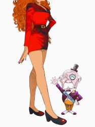  1boy 1girl absurdres bald bare_legs closed_eyes dress facial_hair hat head_out_of_frame highres manabu_yashiro mayor_(ppg) mini_hat mini_top_hat monocle mustache nail_polish powerpuff_girls red_dress red_hair sara_bellum thick_mustache top_hat 