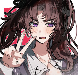  1boy ayase_ayato_(imamiya_pinoko) blush brown_hair highres imamiya_pinoko long_hair original portrait simple_background trap twintails v violet_eyes 