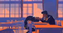  2boys anchor_symbol belt belt_buckle black_hair black_jacket black_pants brooch buckle chair closed_eyes commentary_request curtains desk diamond_wa_kudakenai earrings elbow_on_table gakuran green_belt grey_hair heart higashikata_josuke highres indoors jacket jewelry jojo_no_kimyou_na_bouken long_sleeves male_focus multicolored_hair multiple_boys nijimura_okuyasu pants piercing pompadour profile school_desk school_uniform short_hair sitting sleeping striped_belt stud_earrings tirauraja two-tone_hair window 