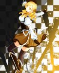  beret black_legwear blonde_hair boots breasts checkered checkered_background corset detached_sleeves drill_hair fingerless_gloves gloves gun hair_ornament hat large_breasts magical_girl magical_musket mahou_shoujo_madoka_magica pleated_skirt puffy_sleeves skirt smile solo suzukure thigh-highs thighhighs tomoe_mami weapon yellow_eyes 