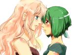  bad_id blonde_hair blue_eyes earrings gen_(enji) green_hair jewelry long_hair macross macross_frontier multiple_girls ranka_lee red_eyes sheryl_nome shirt short_hair sleeveless yuri 