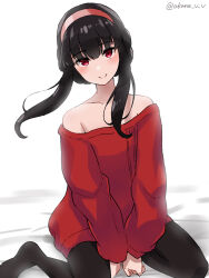  1girl akane_(akaneoekaki0928) armpit_crease bare_shoulders black_hair black_pantyhose closed_mouth collarbone commentary dress hairband highres long_sidelocks long_sleeves looking_at_viewer no_shoes off-shoulder_dress off-shoulder_sweater off_shoulder pantyhose pink_hairband red_dress red_eyes red_sweater short_dress short_hair_with_long_locks sidelocks simple_background sitting smile solo split_mouth spy_x_family sweater yokozuwari yor_briar 