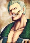 brown_eyes cigar dated fur_trim kei-suwabe looking_at_viewer male military military_uniform muscle one_piece open_clothes open_shirt silver_hair smoker_(one_piece) smoking solo uniform 