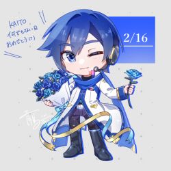  1boy black_boots blue_bow blue_eyes blue_flower blue_hair blue_nails blue_rose blue_scarf boots bouquet bow chibi closed_mouth coat commentary_request dated double-parted_bangs fingernails flower full_body grey_background headset holding holding_bouquet holding_flower kaito kaito_(vocaloid) kaito_(vocaloid3) long_sleeves looking_at_viewer male_focus nail_polish one_eye_closed parang_99 rose scarf smile solo standing translation_request vocaloid 