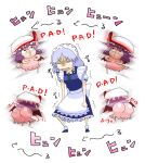  angry apron ass bat_wings bow braid breast_padding clenched_hands clone grey_hair hair_bow hat hat_bow izayoi_sakuya maid maid_headdress multiple_girls o3o purple_hair red_eyes remilia_scarlet standing taunting touhou twin_braids wings 