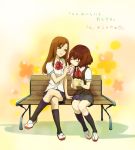  another bench bow bread brown_hair crossed_legs extra floral_background flower food juice_box kanaki_anzu kaneki_kyouko kneehighs long_hair matsui_aki melon_bread misaki_mei multiple_girls rinne_(ringe) school_uniform shoes short_hair sipping sitting skirt translated translation_request uwabaki yuri 