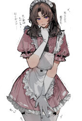  1boy absurdres ayase_ayato_(imamiya_pinoko) black_hair blush brown_hair crossdressing crossdressing_(mtf) elbow_gloves gloves highres imamiya_pinoko maid maid_headdress male_maid original solo thigh-highs translated trap twintails violet_eyes white_background white_gloves white_thighhighs 