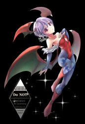  1girl animal_print bat_print bat_wings black_background blue_bridal_gauntlets blue_pantyhose boots bridal_gauntlets cleavage_cutout clothing_cutout commentary_request covered_navel darkstalkers flat_chest fur_trim hand_on_own_chest head_wings highleg highleg_leotard highres knee_up leotard lilith_(darkstalkers) looking_at_viewer low_wings mtsnote off-shoulder_leotard open_mouth pantyhose print_pantyhose purple_hair red_boots red_eyes red_leotard short_hair solo sparkle twitter_username watermark wings 