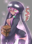  bare_chest black_legwear box breasts chest cleavage container dark_skin enderman glowing glowing_eyes green_eyes hair_ornament holding hoodie kazami_ryouya large_breasts long_hair long_sleeves minecraft naked_hoodie personification purple_hair shaded_face simple_background sleeves_past_wrists smile solo thigh-highs thighhighs zettai_ryouiki zipper 