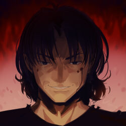  1boy black_eyes black_hair black_shirt blood blood_on_face boa_(brianoa) brown_hair fate/stay_night fate_(series) heaven&#039;s_feel highres kotomine_kirei male_focus medium_hair shirt smile solo spoilers 