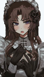  1boy ayase_ayato_(imamiya_pinoko) black_gloves blush brown_hair cleavage_cutout clothing_cutout crossdressing crossdressing_(mtf) gloves highres imamiya_pinoko long_hair maid maid_headdress male_maid open_mouth original solo sweatdrop trap violet_eyes white_background 