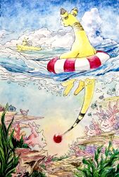  ampharos animal_focus commentary_request coral corsola day highres looking_at_another mareanie mint_nappa no_humans ocean open_mouth outdoors pikachu piplup pokemon pokemon_(creature) remoraid seaweed sky striped_innertube summer surfboard traditional_media 