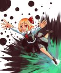  :d blonde_hair dress hal360 jumping open_mouth outstretched_arm red_eyes rumia smile solo the_embodiment_of_scarlet_devil touhou youkai 