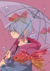  1girl absurdres air_bubble black_shirt bubble closed_mouth commentary_request earrings fish from_side glasses goldfish highres holding holding_umbrella hood hood_down hooded_jacket jacket jewelry long_sleeves multicolored_hair nickel_ni_plus open_clothes open_jacket original profile shirt simple_background solo transparent transparent_umbrella umbrella upper_body 