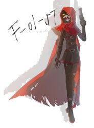  1girl ankle_belt belt belt_buckle black_bodysuit bodysuit buckle cape chest_belt colored_sclera face_in_shadow full_body gun hand_up handgun highres holding holding_gun holding_sickle holding_weapon hood hooded_cape leg_belt little_red_riding_hooded_mercenary lobotomy_corporation pipixia50517 pixelated project_moon red_belt red_cape red_hood sharp_teeth simple_background solo teeth torn_cape torn_clothes walking weapon white_background yellow_sclera zoom_layer 