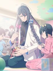  2girls 3boys ahoge antenna_hair ball black_hair black_jacket black_sweater blue_scrunchie blue_sweater blunt_bangs blurry blush bow braid braiding_hair brown_hair child closed_mouth coat collared_shirt colored_inner_hair commentary_request denim depth_of_field dot_mouth enmto fingernails flower grey_hair hair_behind_ear hair_between_eyes hair_bow hair_flower hair_ornament hairdressing heart heart_print holding holding_stuffed_toy huge_ahoge hypnosis_mic indoors jacket jeans jinguji_jakurai kannonzaka_doppo kindergarten kindergarten_teacher lanyard long_hair long_sleeves mature_eyes multicolored_hair multiple_boys multiple_girls necktie on_floor pajamas pants pink_bow pink_pajamas pinstripe_pattern pinstripe_shirt plaid_clothes plaid_pajamas playing purple_hair raised_eyebrows red_hair scrunchie seiza shelf shirt short_hair sidelighting sitting smile star_(symbol) star_print streaked_hair stuffed_tanuki stuffed_toy stuffed_wolf suit_jacket sweater toy_block turtleneck twin_braids two-sided_fabric very_long_hair wariza white_coat window 