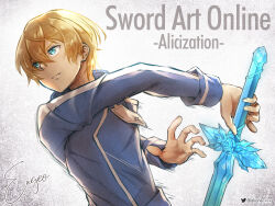  1boy akane_(akaneoekaki0928) blonde_hair blue_eyes blue_jacket character_name closed_mouth commentary copyright_name crystal_sword cursive eugeo frown grey_background highres holding holding_sword holding_weapon jacket long_sleeves male_focus motion_lines short_hair solo speed_lines split_mouth sword sword_art_online sword_art_online:_alicization twitter_logo twitter_username upper_body weapon 