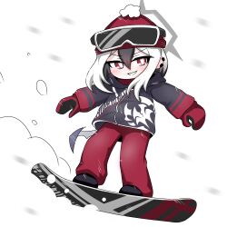  1girl beanie black_hair black_jacket black_shoes blue_archive blush chibi commentary_request full_body goggles goggles_on_headwear grey_wings hair_between_eyes halo hat highres hood hood_down hooded_jacket jacket kayoko_(blue_archive) looking_at_viewer low_wings mittens motion_blur multicolored_hair pants red_eyes red_hat red_mittens red_pants shoes single_wing ski_goggles smile snow snowboard snowboarding solo tomimon two-tone_hair v-shaped_eyebrows white_hair wings 