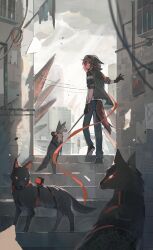  1girl animal_ear_hood arknights armband black_gloves black_jacket black_shoes cable city crownslayer_(arknights) day denim dopperu_ben floppy_ears from_behind full_body gloves highres hood hood_up hooded_jacket hyena hyena_ears hyena_girl hyena_tail jacket jeans looking_at_viewer orange_armband orange_eyes orange_hair originium_(arknights) outdoors overcast pants scar scar_on_arm shoe_soles shoes short_hair sky solo stairs standing uneven_footing 